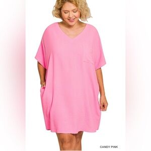 New!Plus Size1X Zenana Outfitters Candy Woven Airflow T Shirt Dress with Pockets